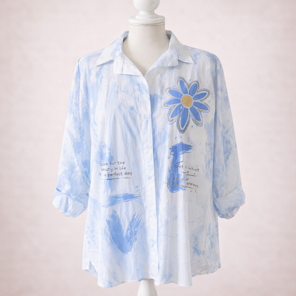 💙 Blouse met Bloem Applicatie - Blauw